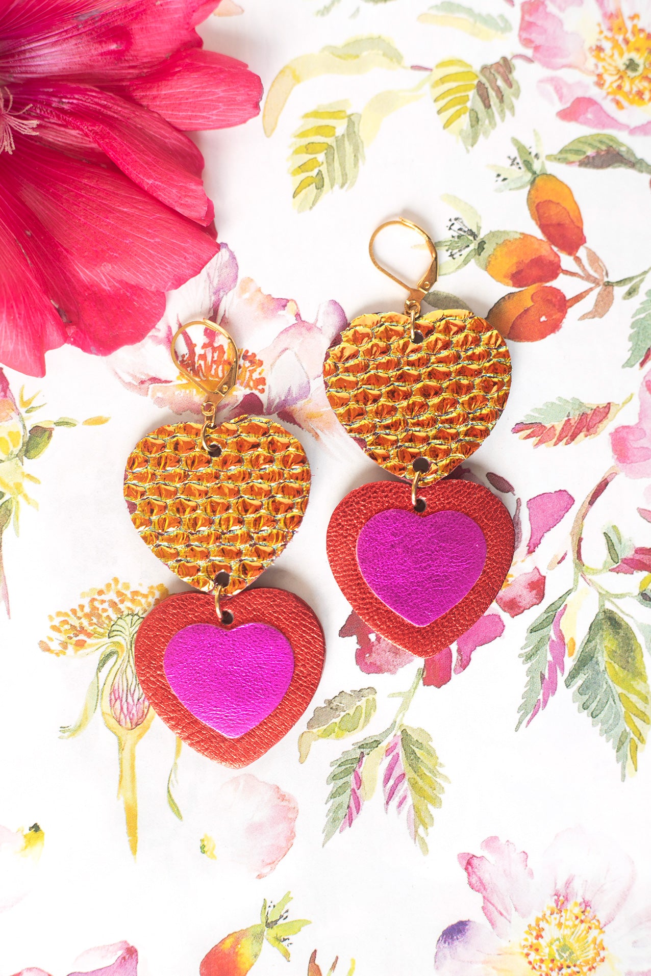 Double Hearts earrings - holographic leather, red and metallic fuchsia