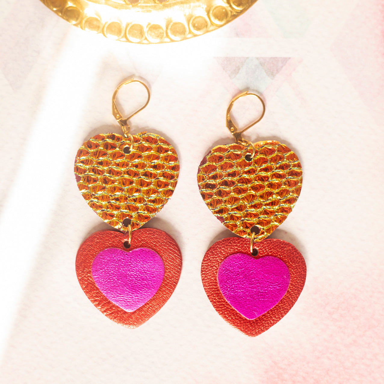 Double Hearts earrings - holographic leather, red and metallic fuchsia