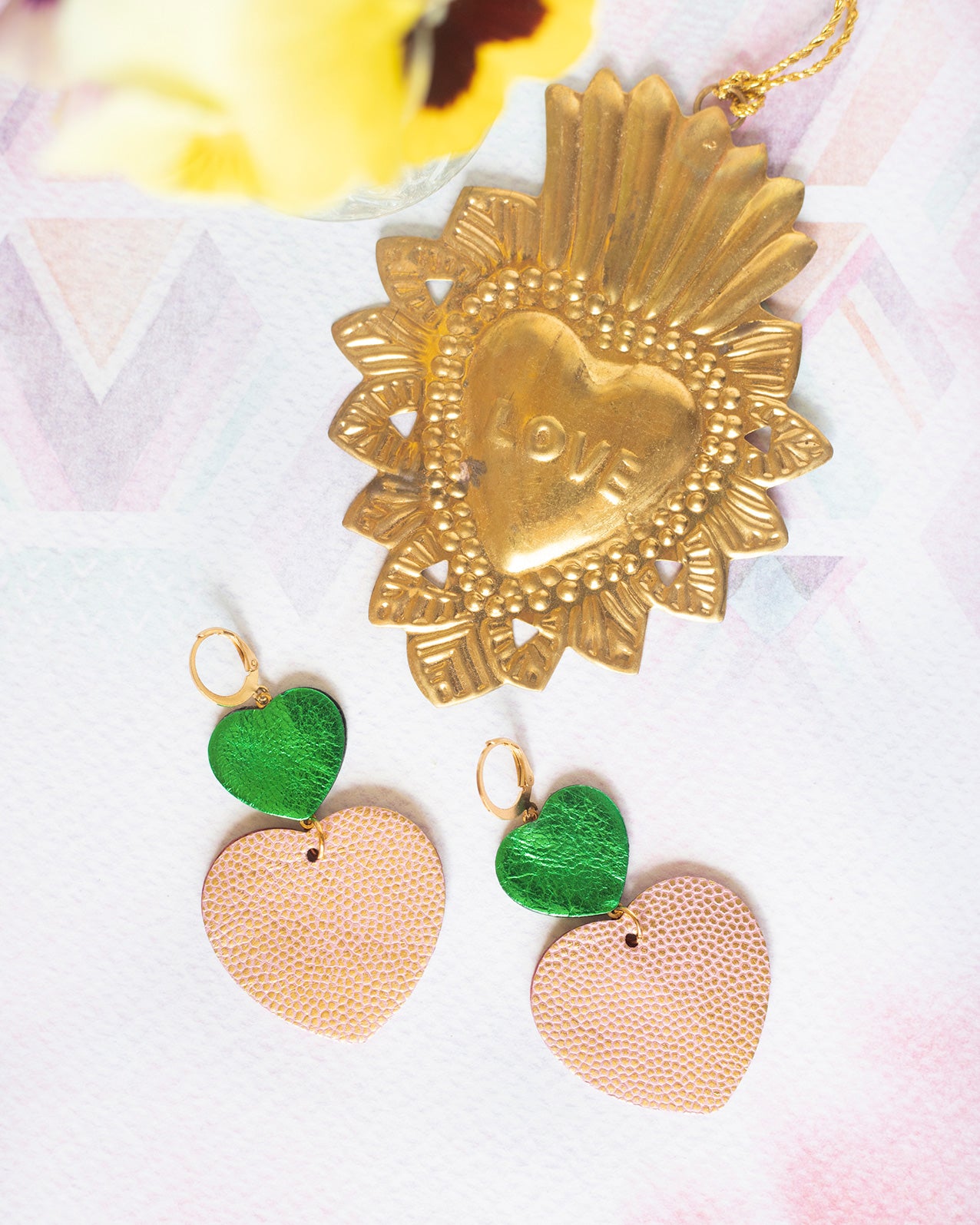 Double Heart earrings - metallic green and pink polka dot leather