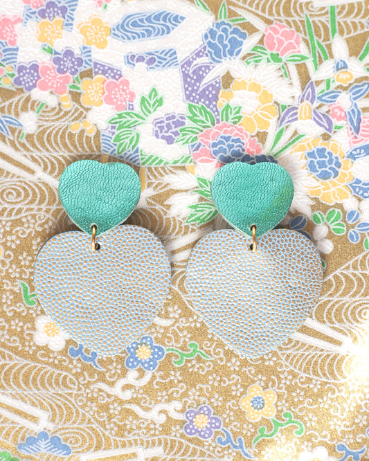Double Hearts clip-on earrings in turquoise blue leather