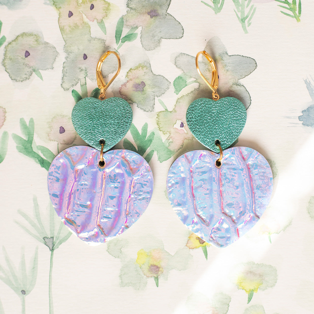 Double Hearts earrings - metallic turquoise leather and light blue holographic