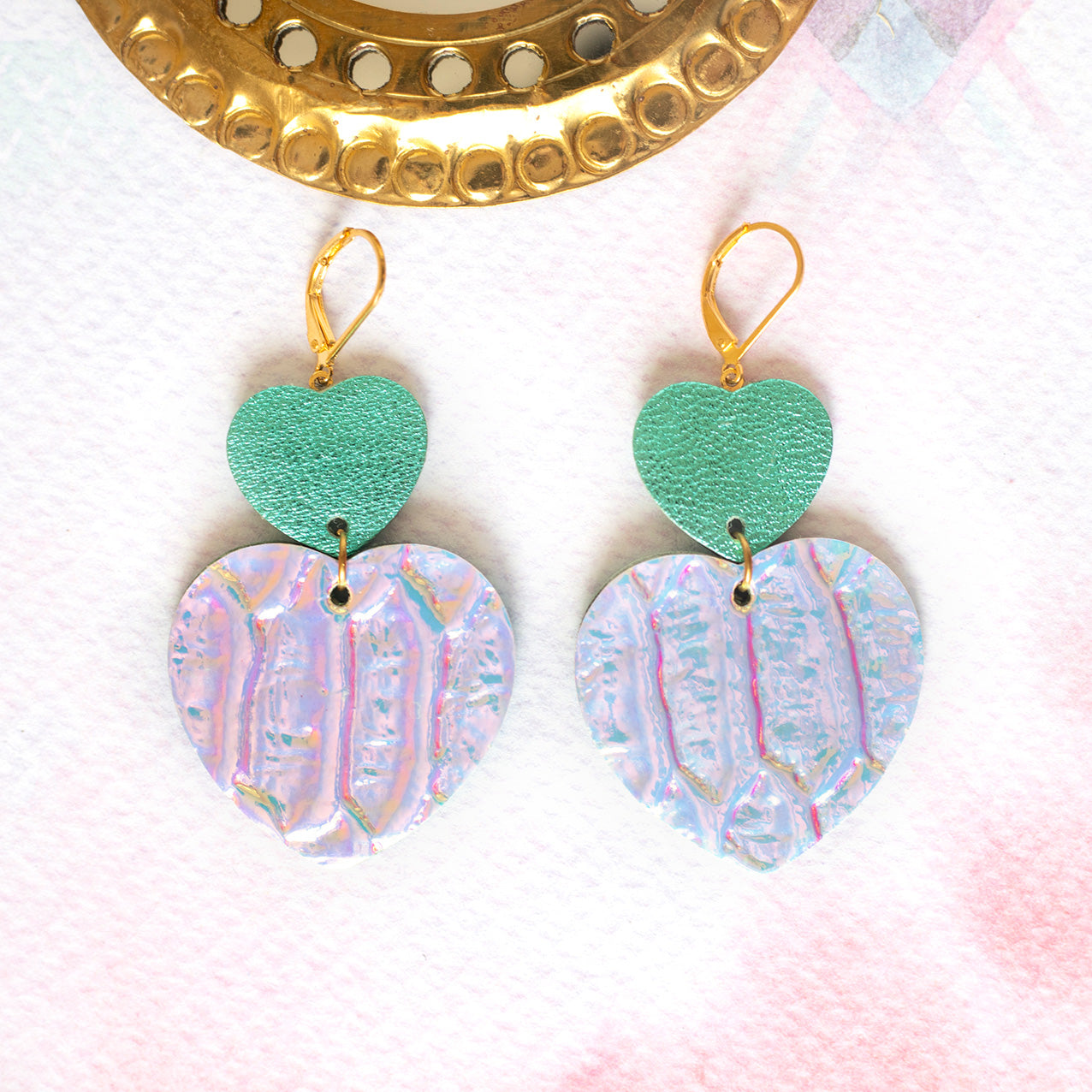 Double Hearts earrings - metallic turquoise leather and light blue holographic