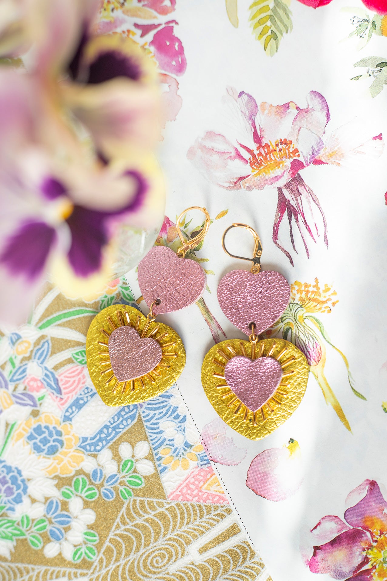 Pink and metallic yellow Ex-Voto Heart earrings