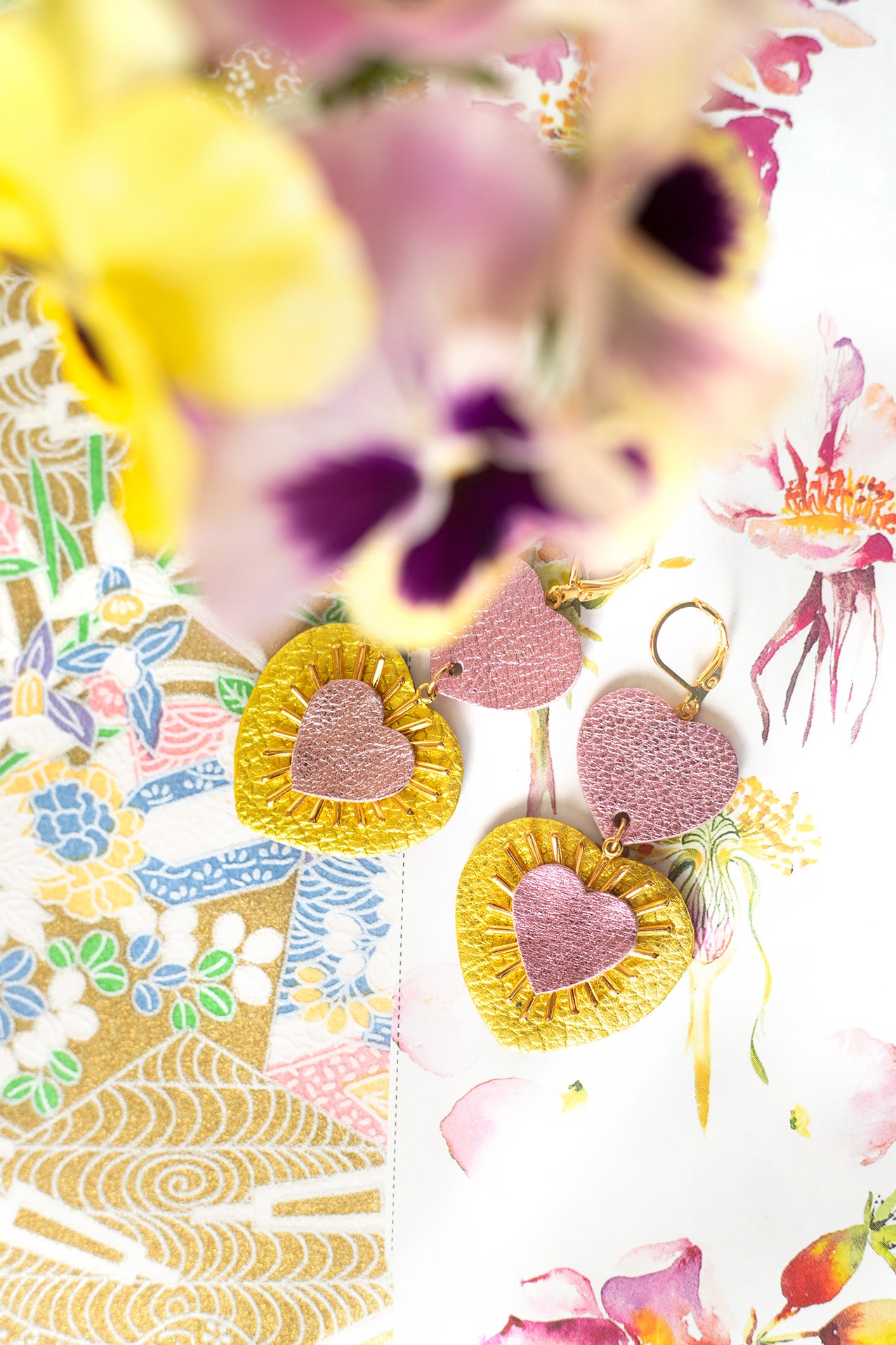 Pink and metallic yellow Ex-Voto Heart earrings