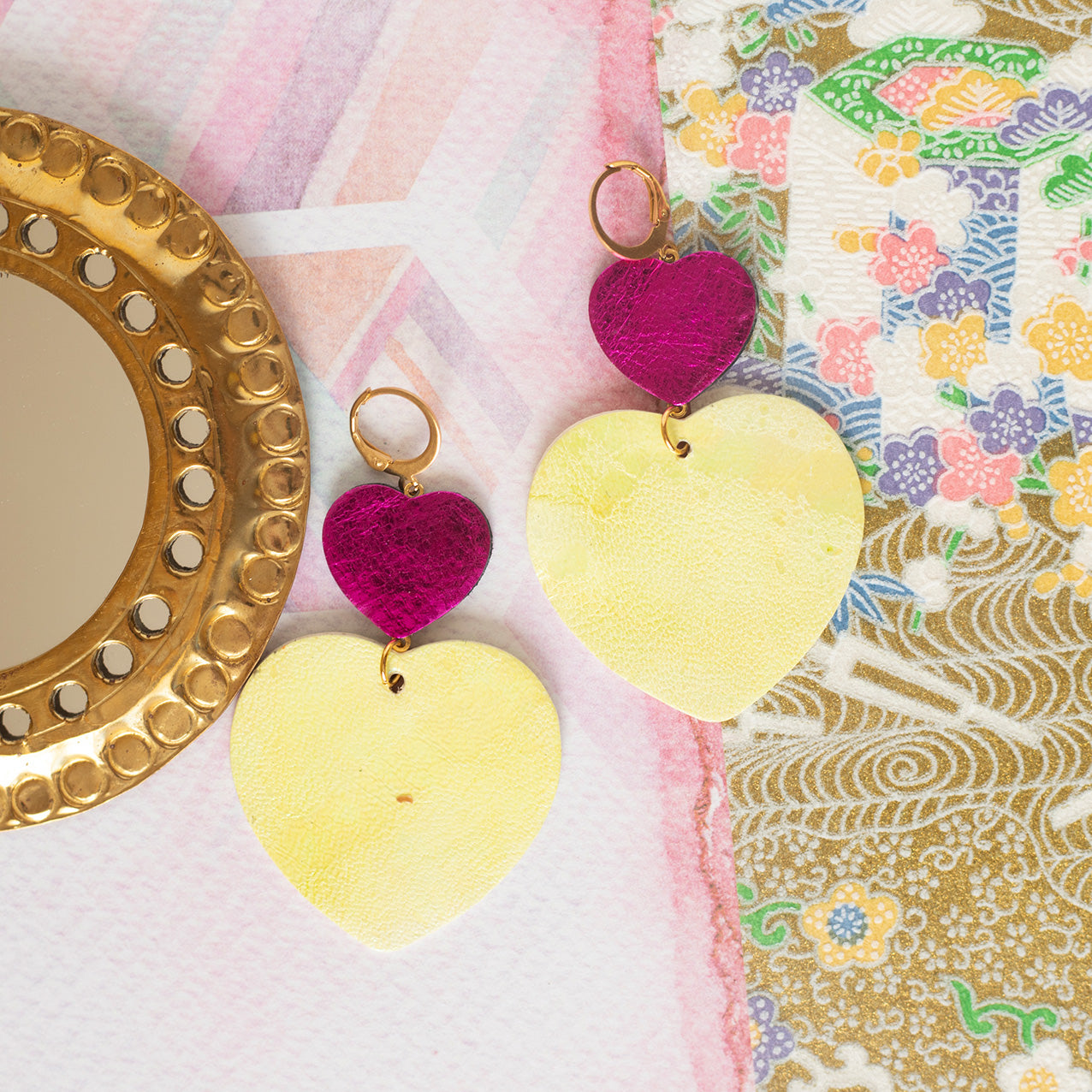 Double Hearts earrings - metallic fuchsia and yellow leather