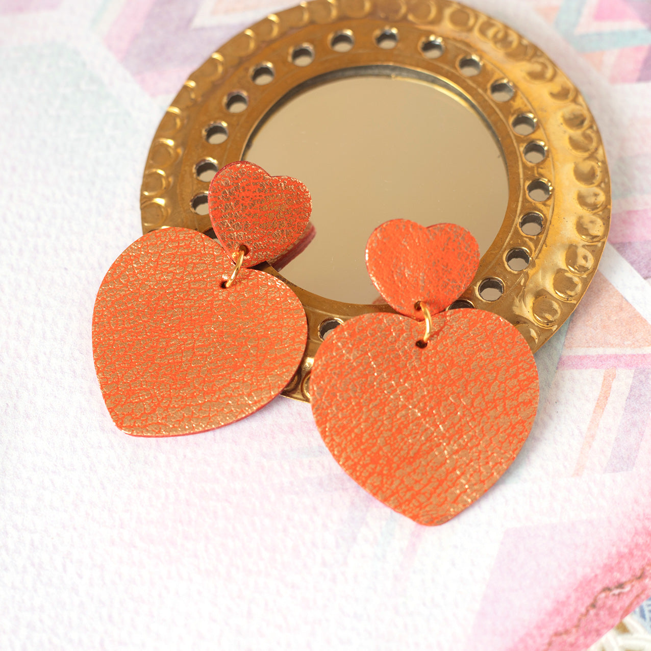 Metallic orange and gold Double Hearts earrings