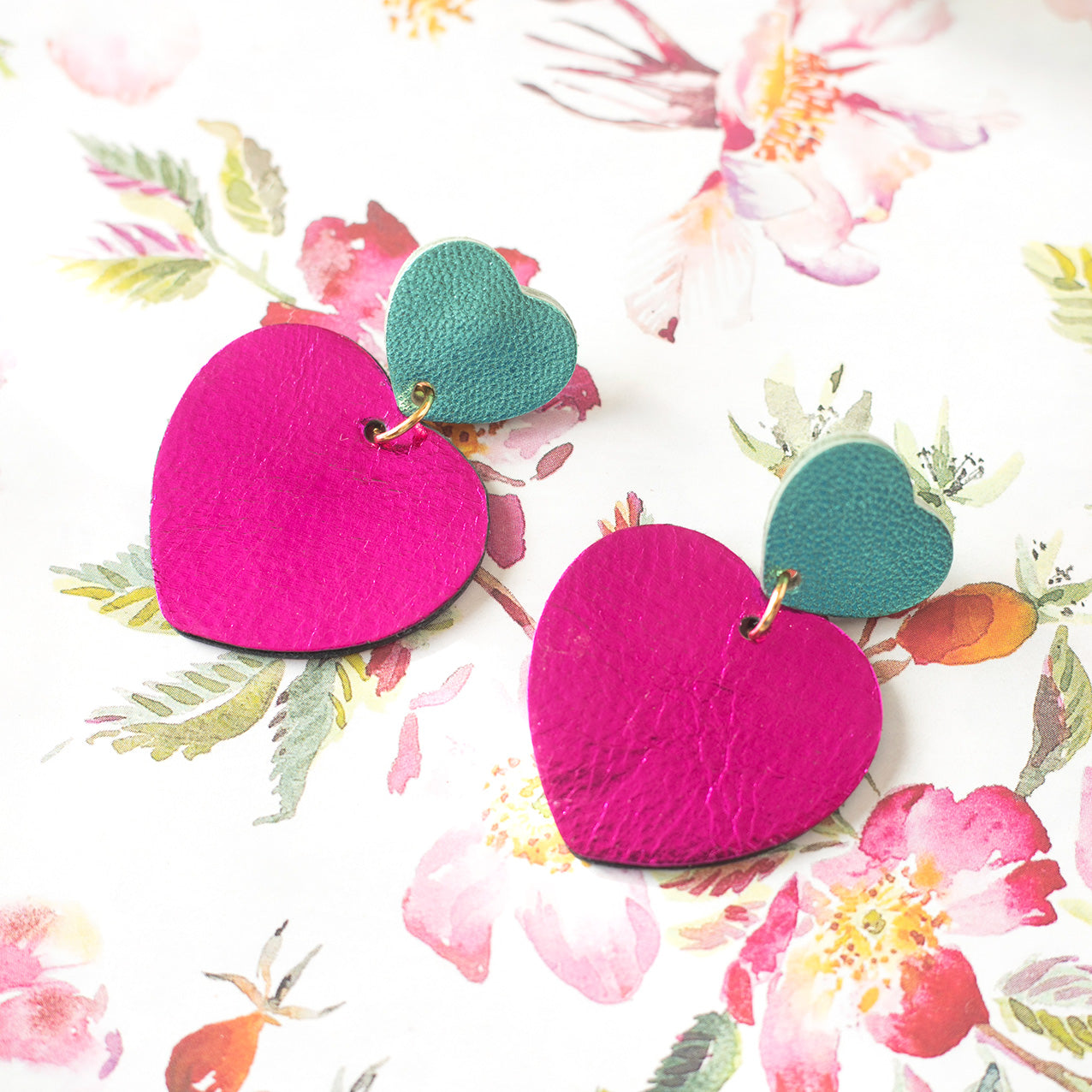 Double heart earrings fuchsia pink and metallic turquoise blue