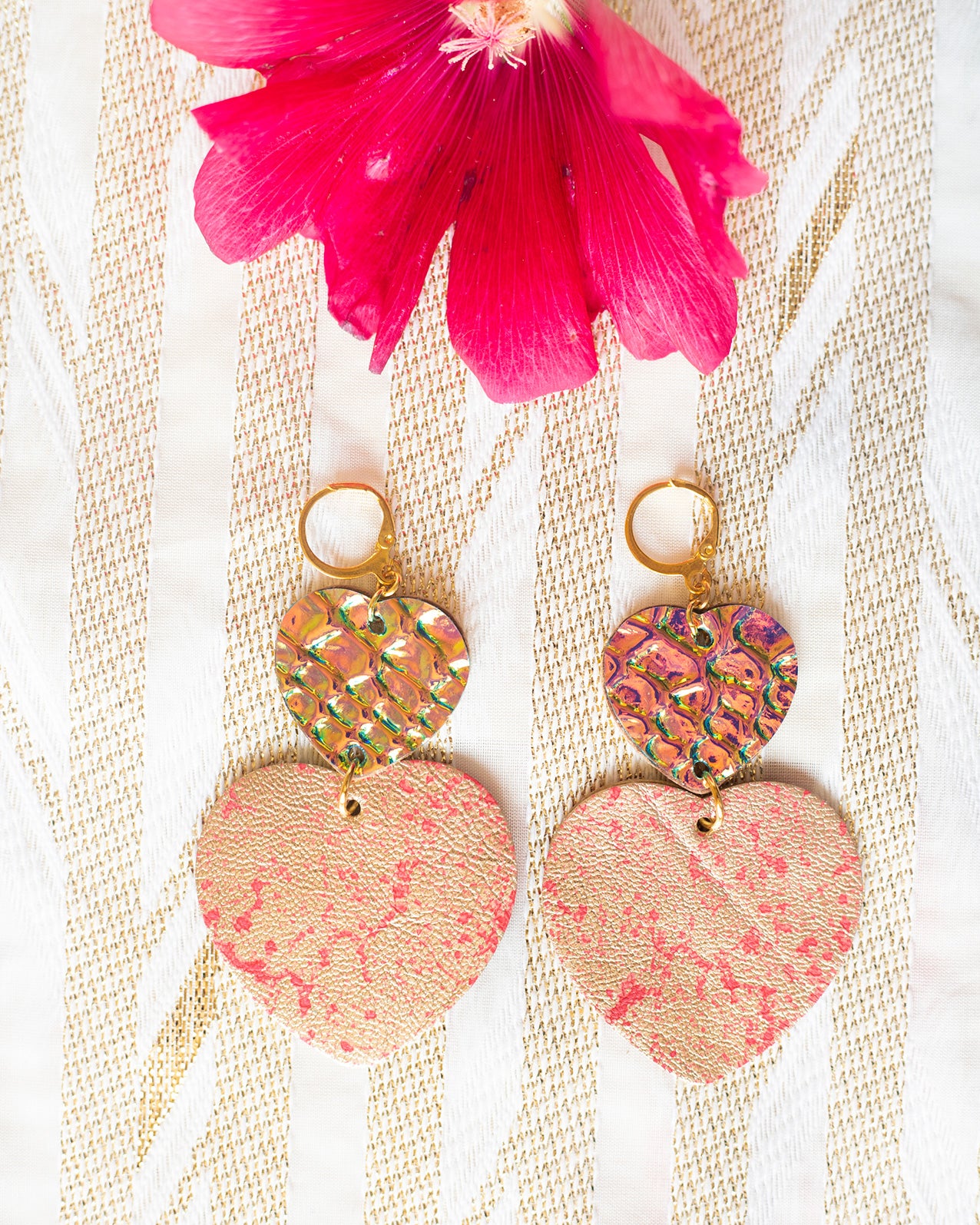 Double Hearts earrings - holographic leather and metallic coral pink