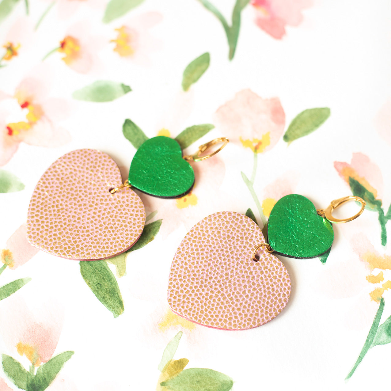 Double Heart earrings - metallic green and pink polka dot leather