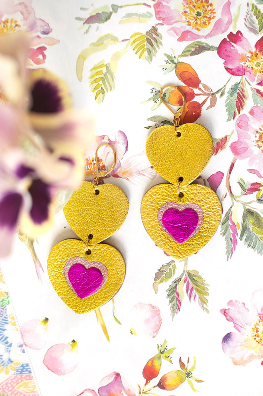 Double Hearts earrings - metallic yellow leather and metallic fuchsia