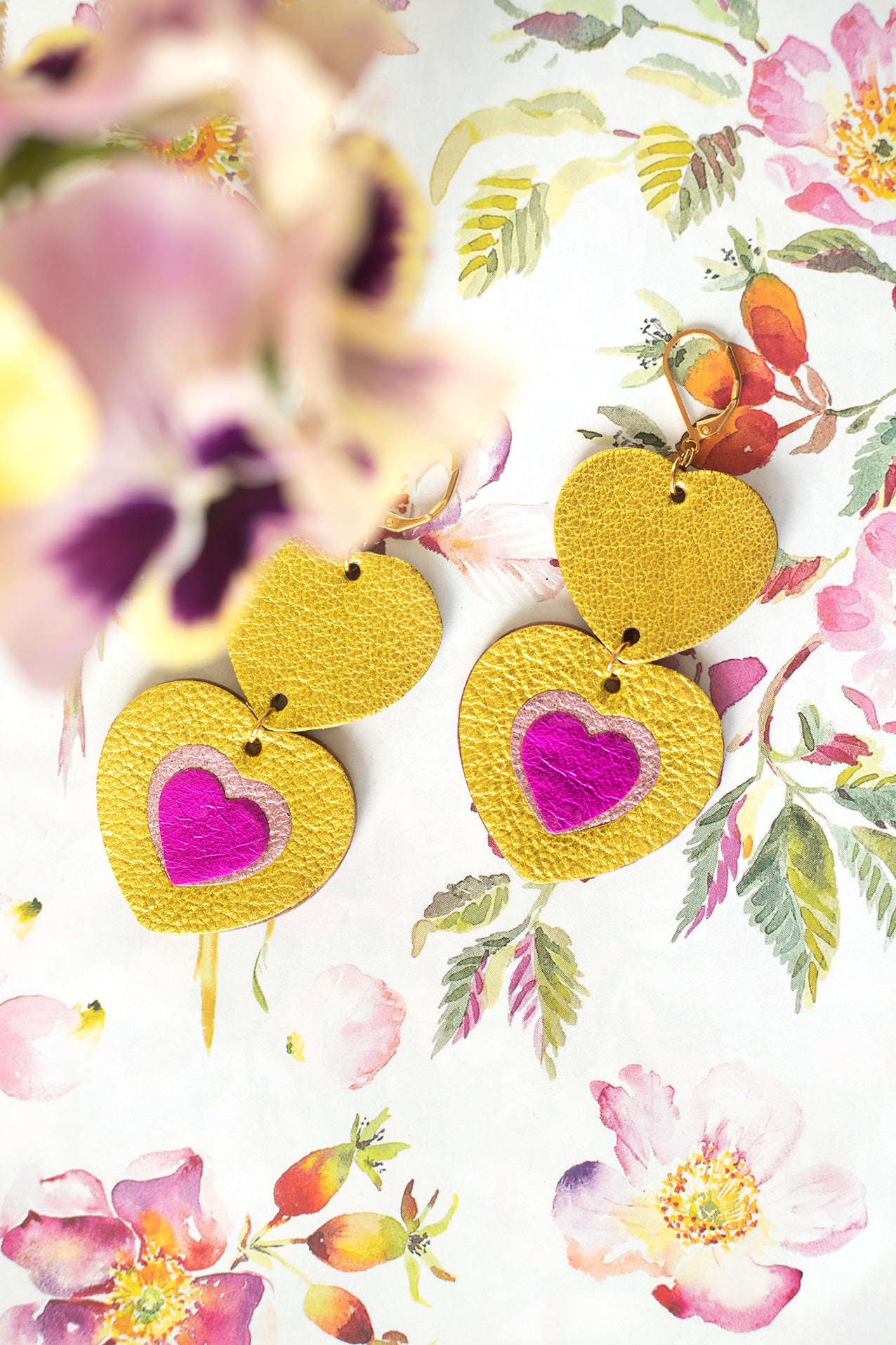 Double Hearts earrings - metallic yellow leather and metallic fuchsia