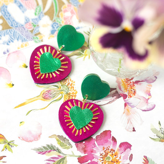 Bright green and metallic fuchsia Sacré Coeur earrings