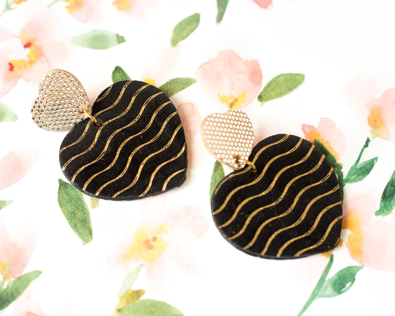 Gold Double Hearts Earrings with Polka Dots and Black
