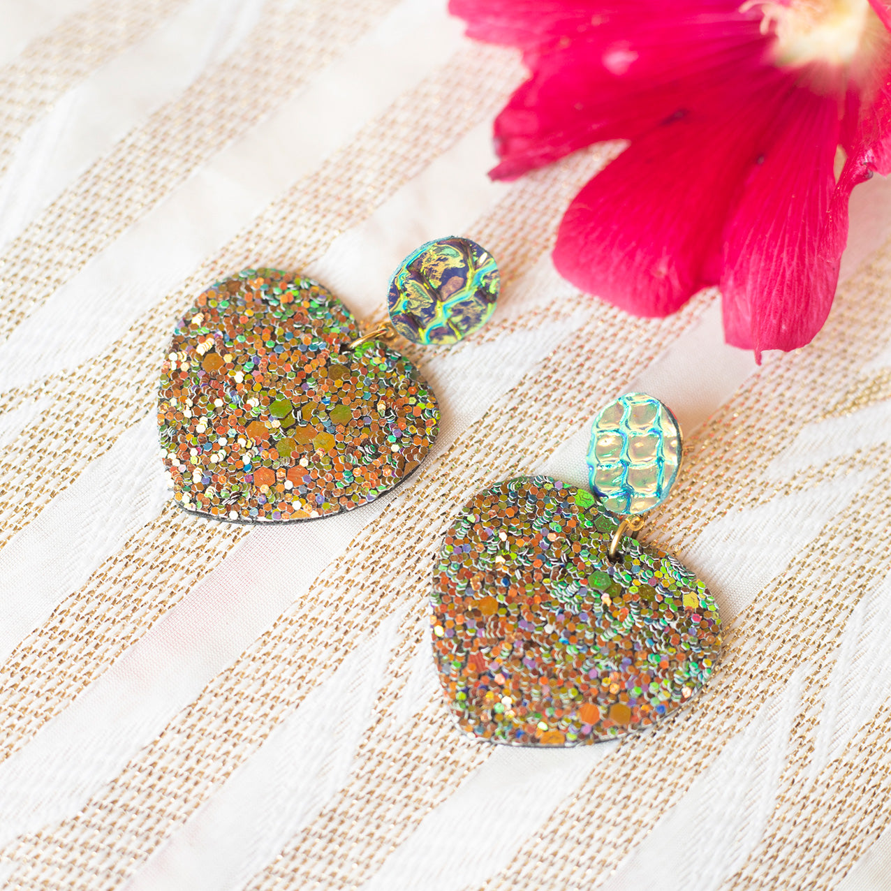 Heart earrings - holographic leather and glitter