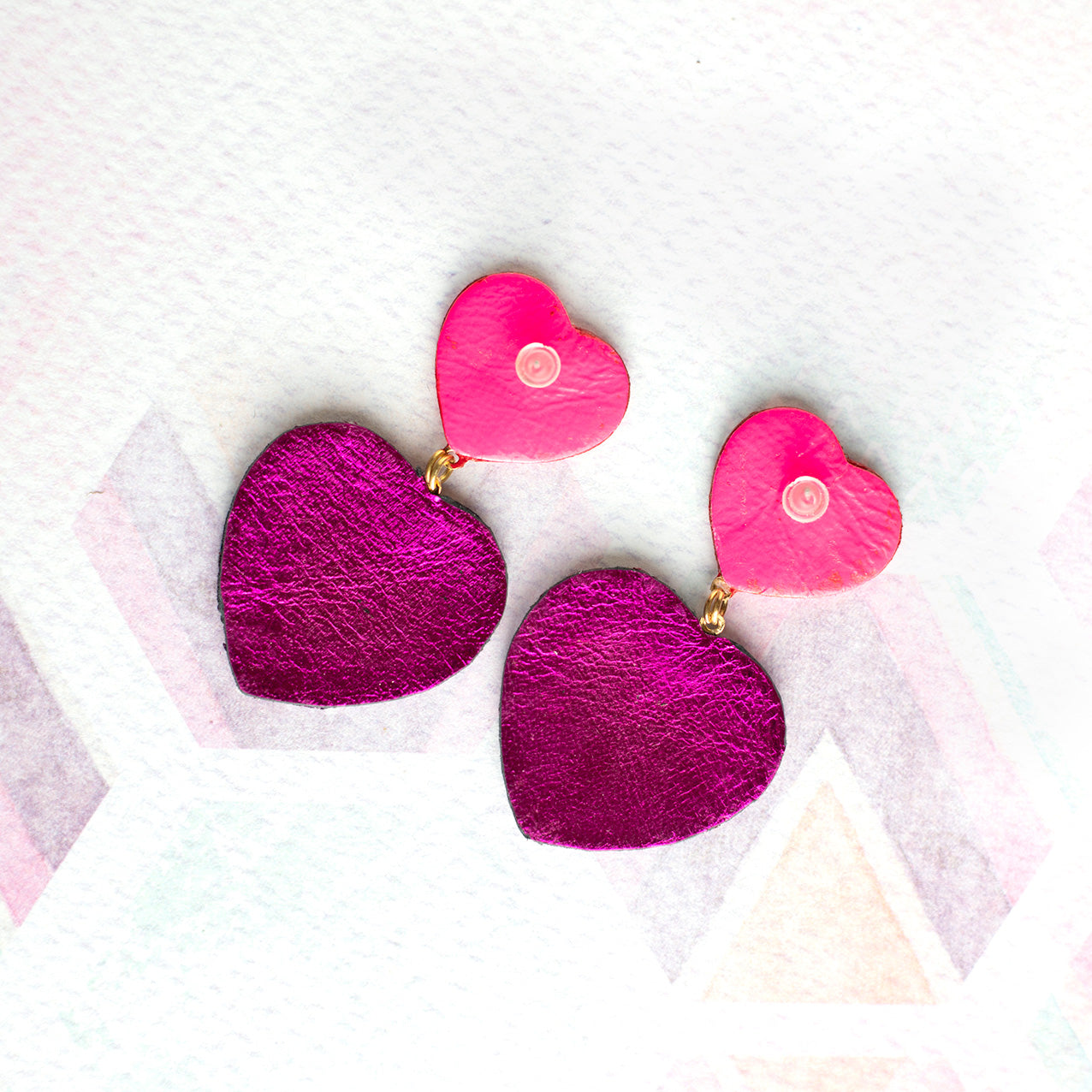 Heart earrings - neon pink leather and purple/fuchsia glitter