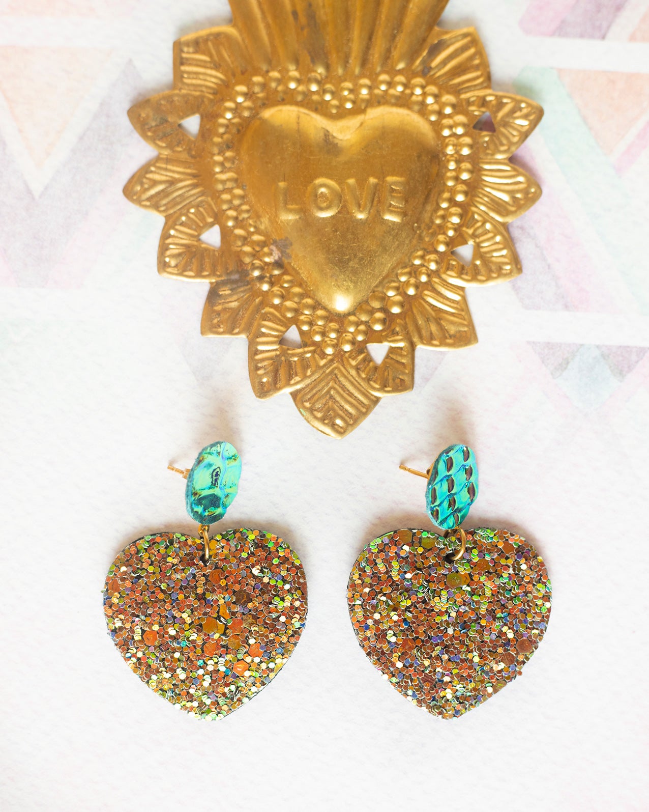 Heart earrings - holographic leather and glitter