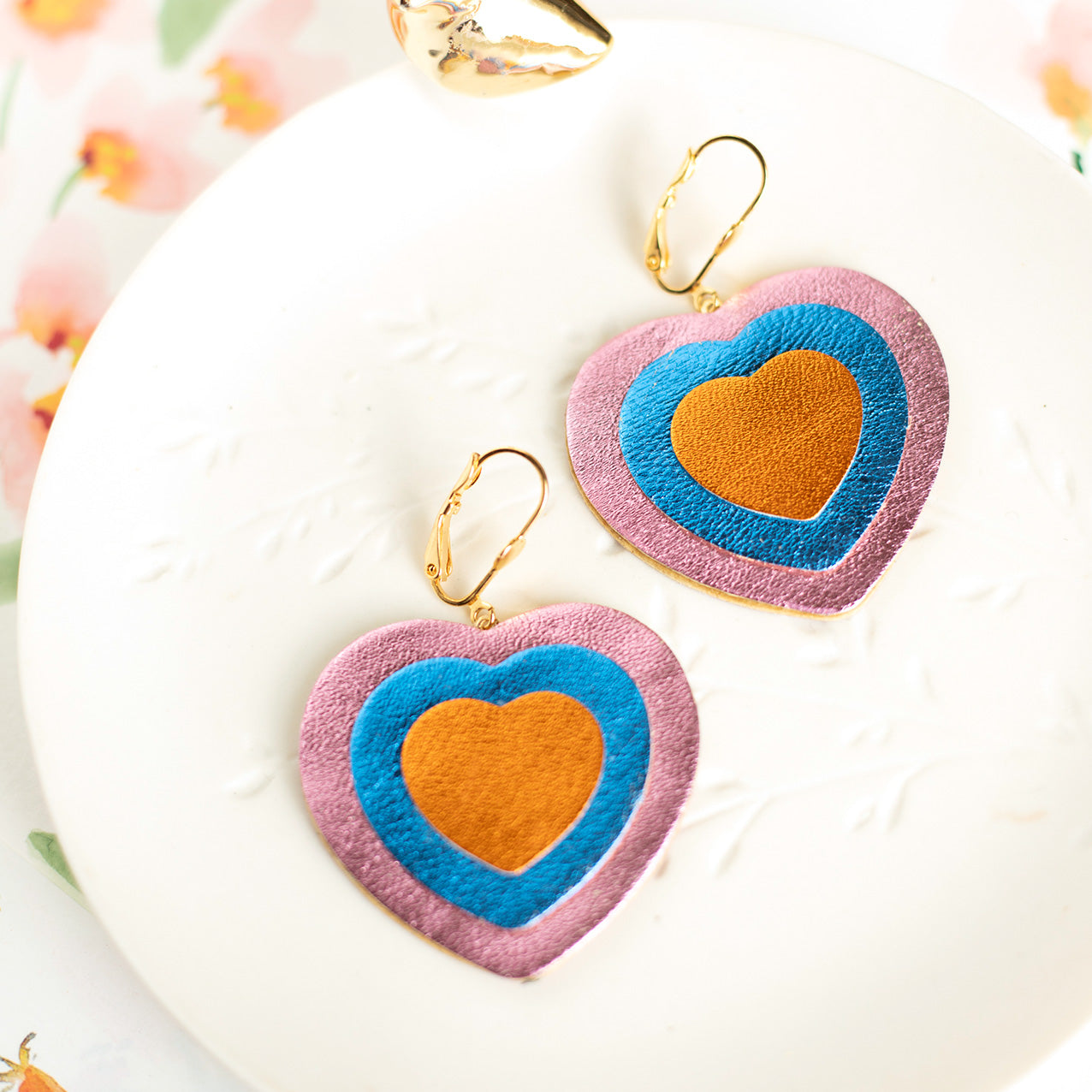 Double Hearts earrings - pink, blue and metallic orange leather