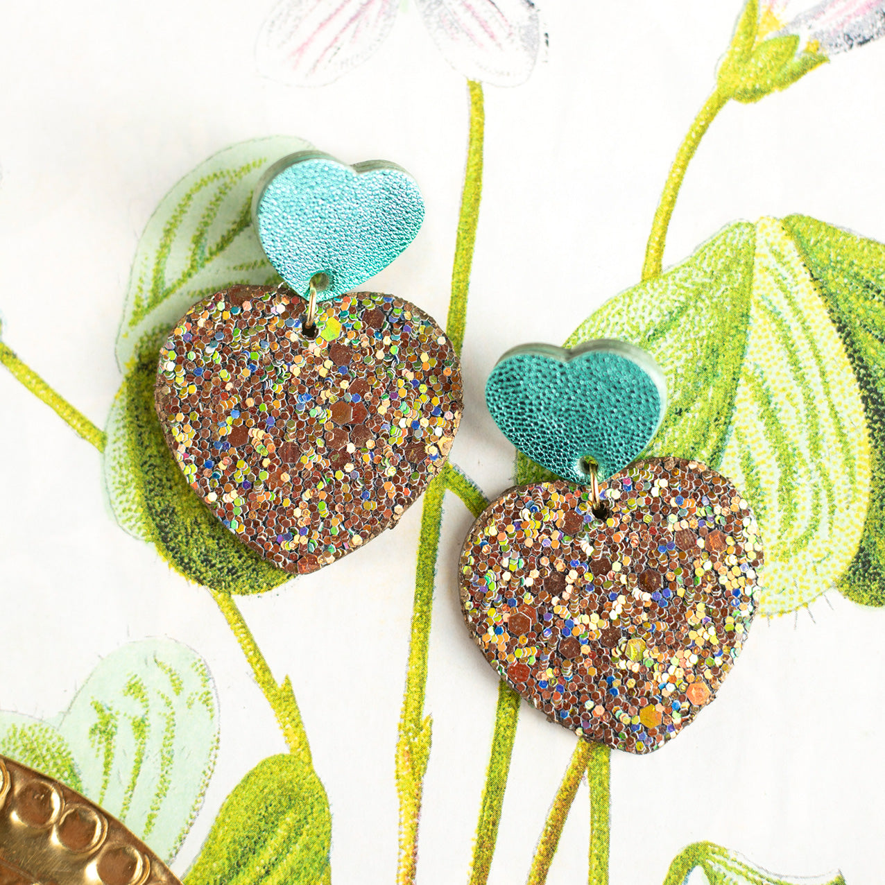 Heart earrings - metallic turquoise leather and iridescent sequins