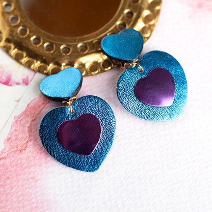 Boucles d'oreilles à clips Double Coeurs - cuir bleu et violet métallisé