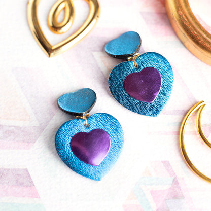 Boucles d'oreilles à clips Double Coeurs - cuir bleu et violet métallisé