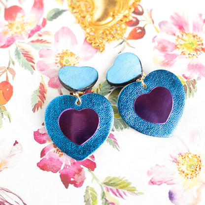 Boucles d'oreilles à clips Double Coeurs - cuir bleu et violet métallisé