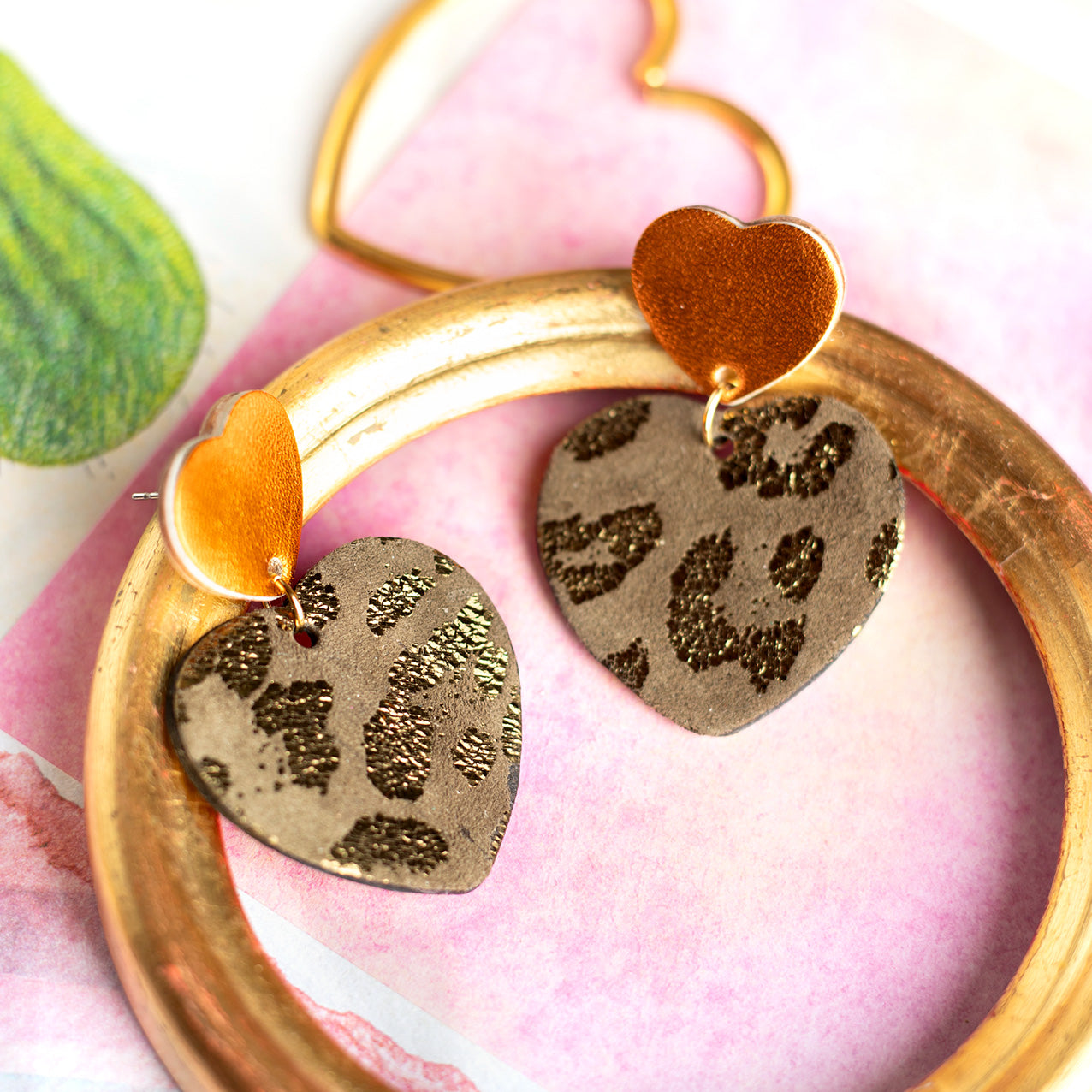 Double Hearts earrings - glittery brown leather, metallic orange