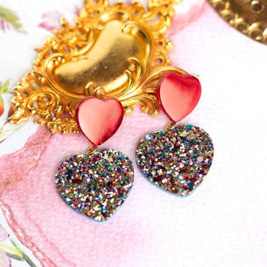Heart earrings - red leather and silver glitter