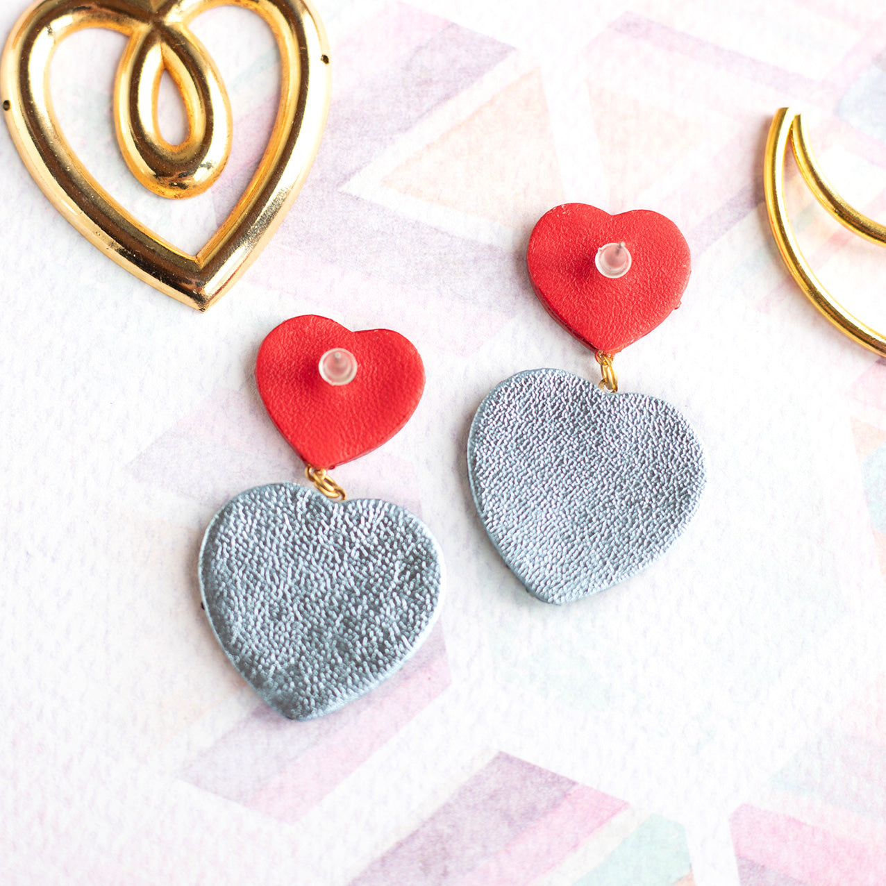 Heart earrings - red leather and silver glitter