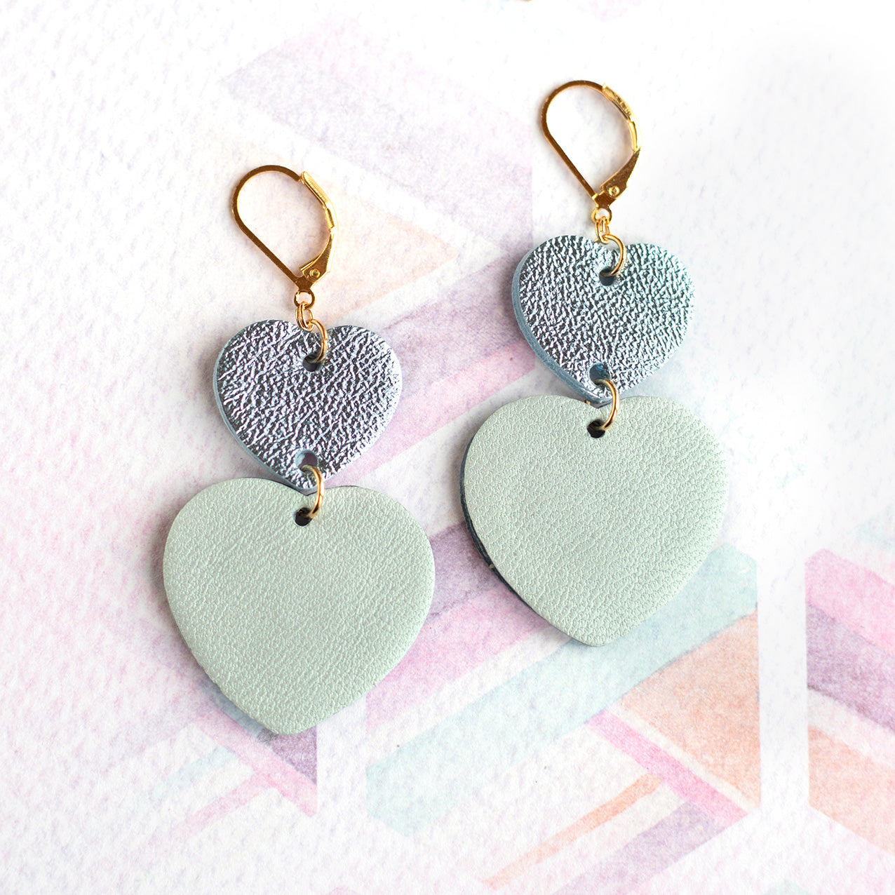 Double Hearts earrings - metallic blue and opaline leather