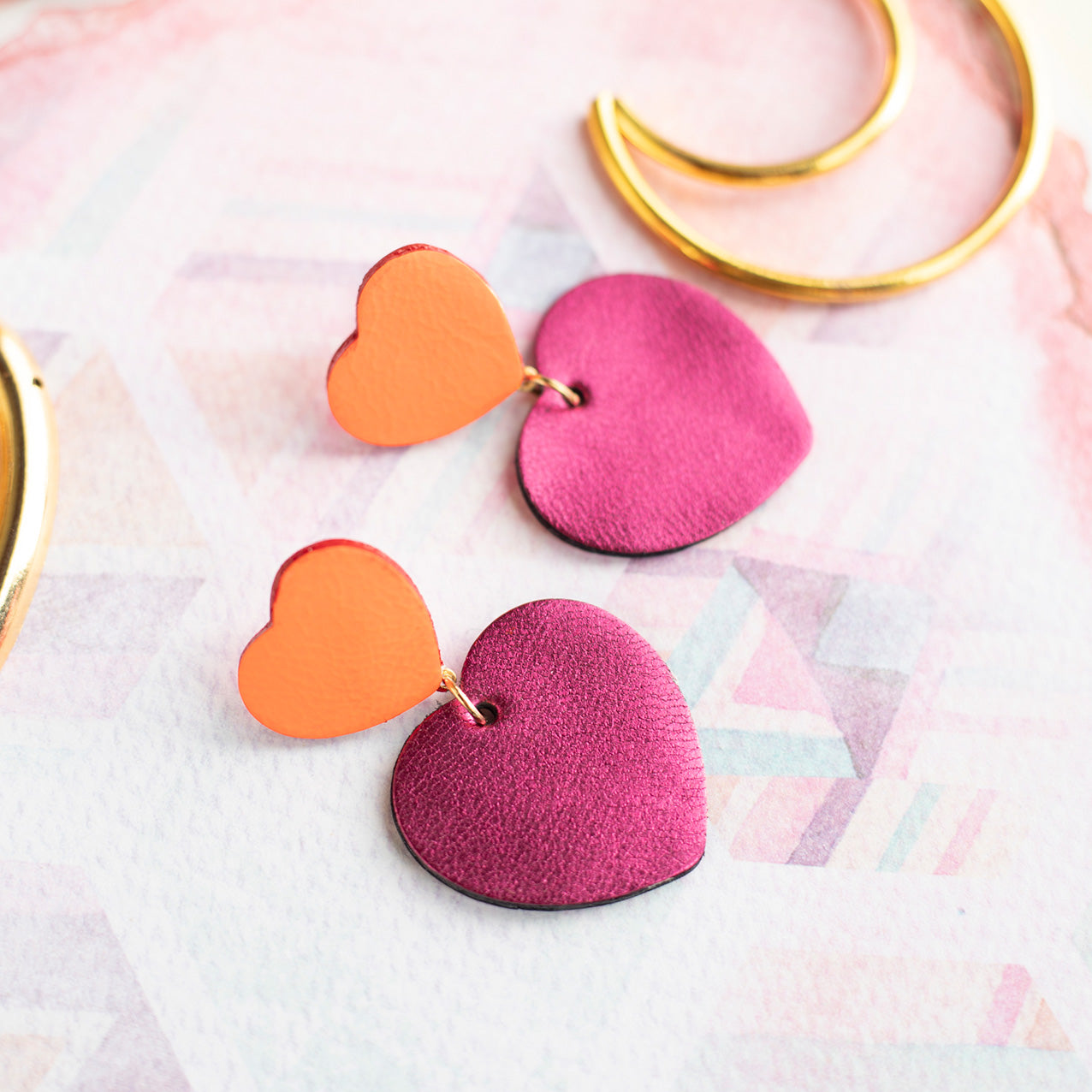 Heart earrings - neon orange pink leather and metallic raspberry