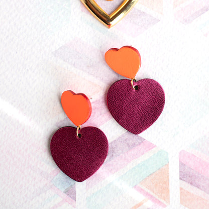 Boucles d'oreilles Coeurs - cuir rose orange fluo et framboise métallisé