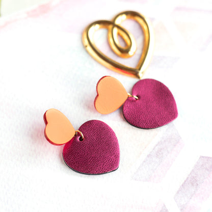 Boucles d'oreilles Coeurs - cuir rose orange fluo et framboise métallisé