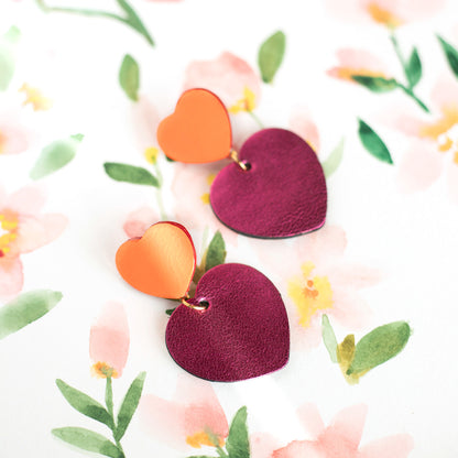 Boucles d'oreilles Coeurs - cuir rose orange fluo et framboise métallisé