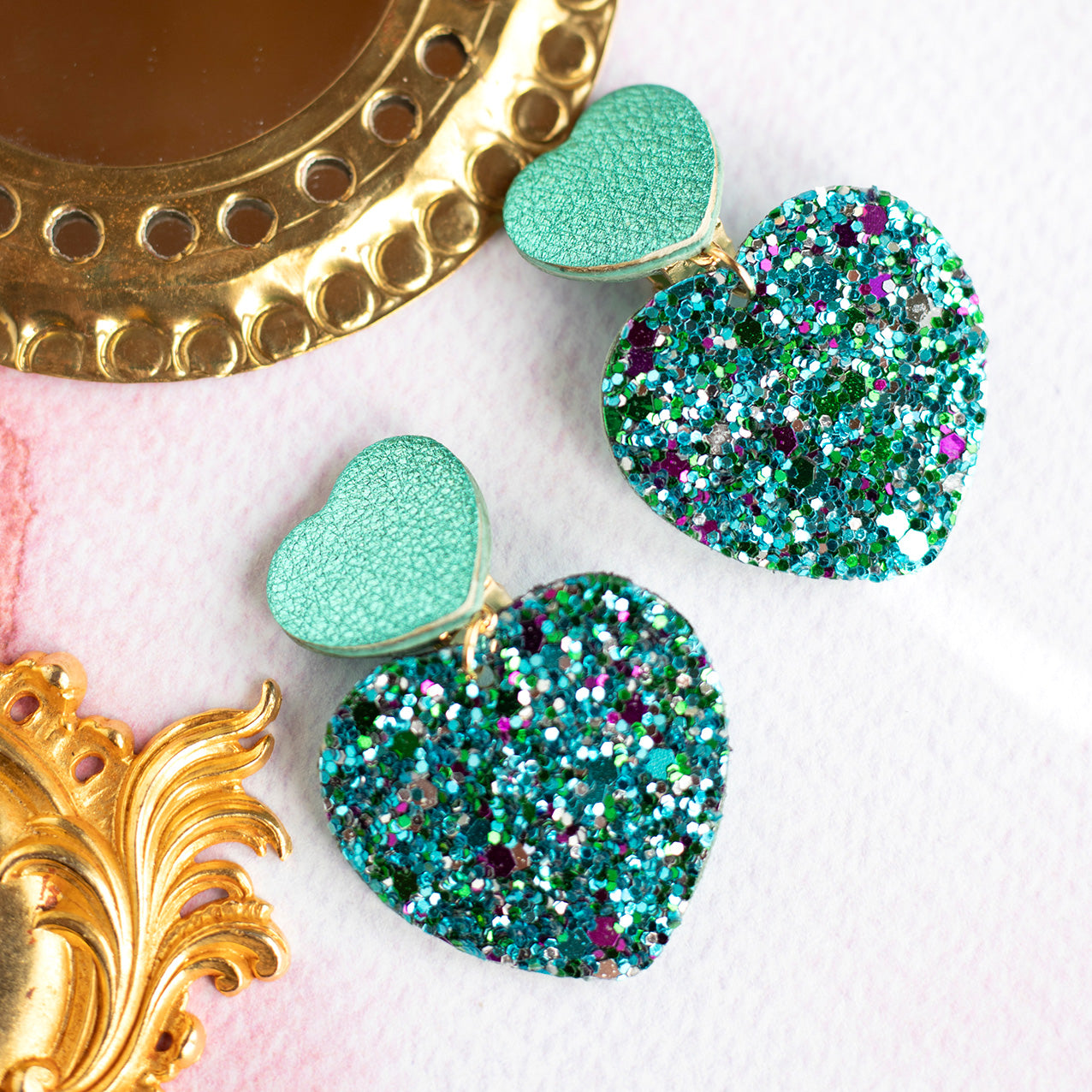 Copy of Double Hearts clip-on earrings - metallic turquoise leather and glitter
