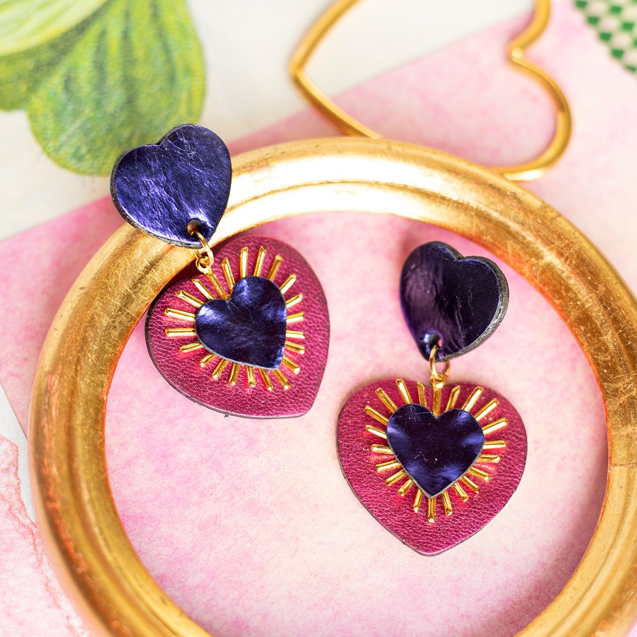 Sacré Coeur purple and metallic raspberry pink earrings
