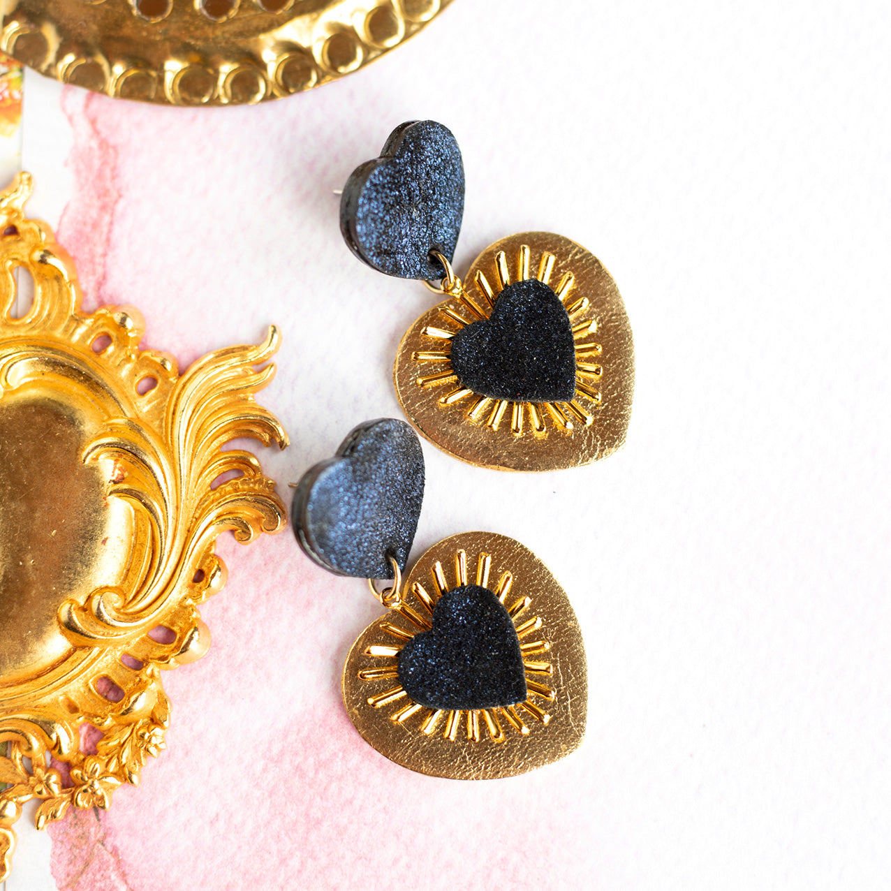 Sacré Coeur earrings in glittery midnight blue and gold leather