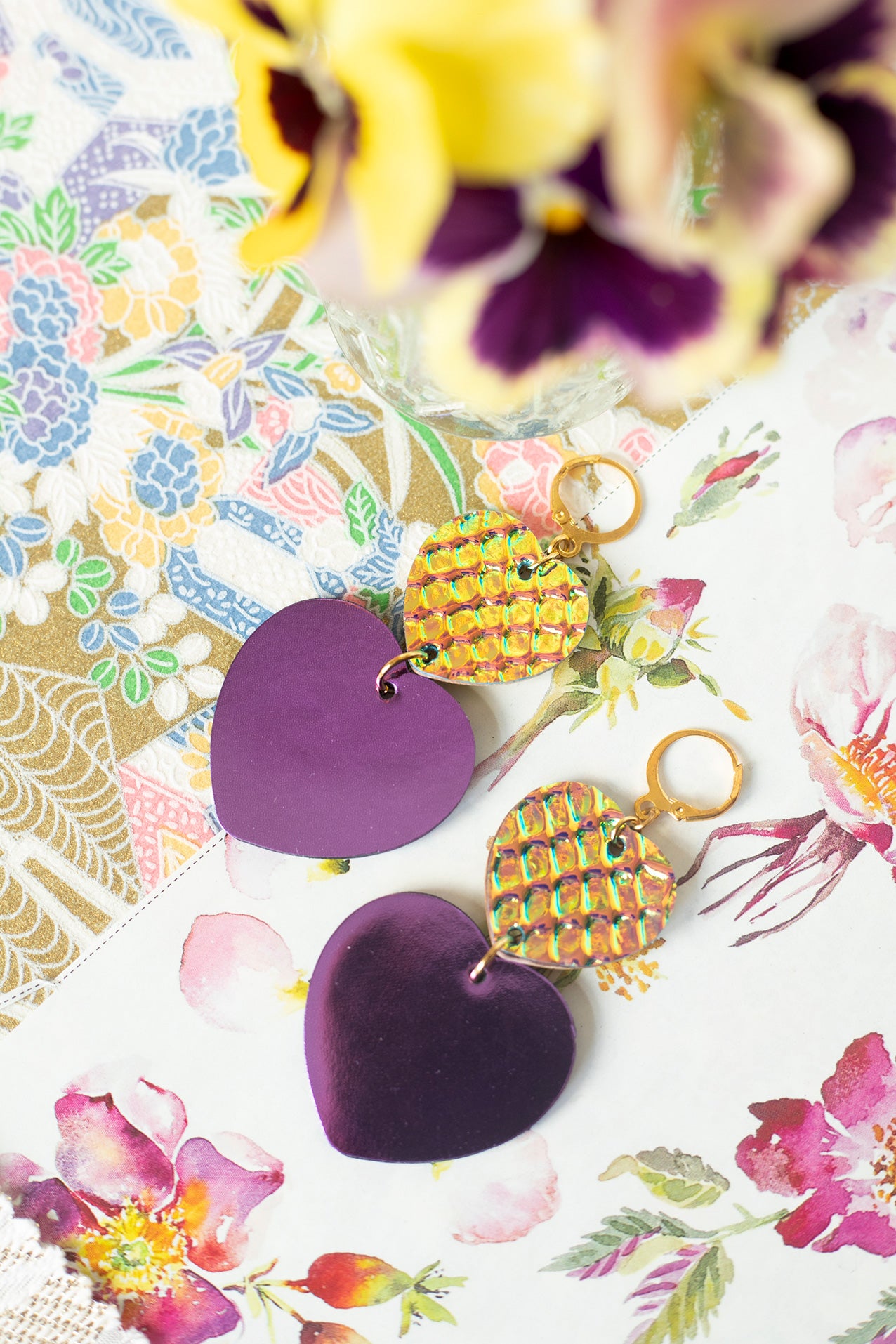 Double Hearts Earrings - holographic leather and metallic purple
