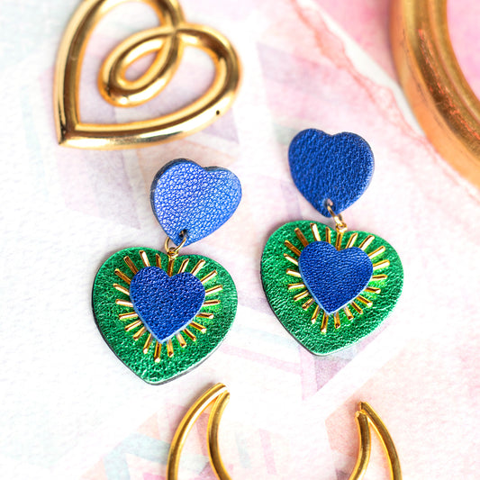 Boucles d'oreilles Sacré Coeur cuir bleu outremer et vert métallisé