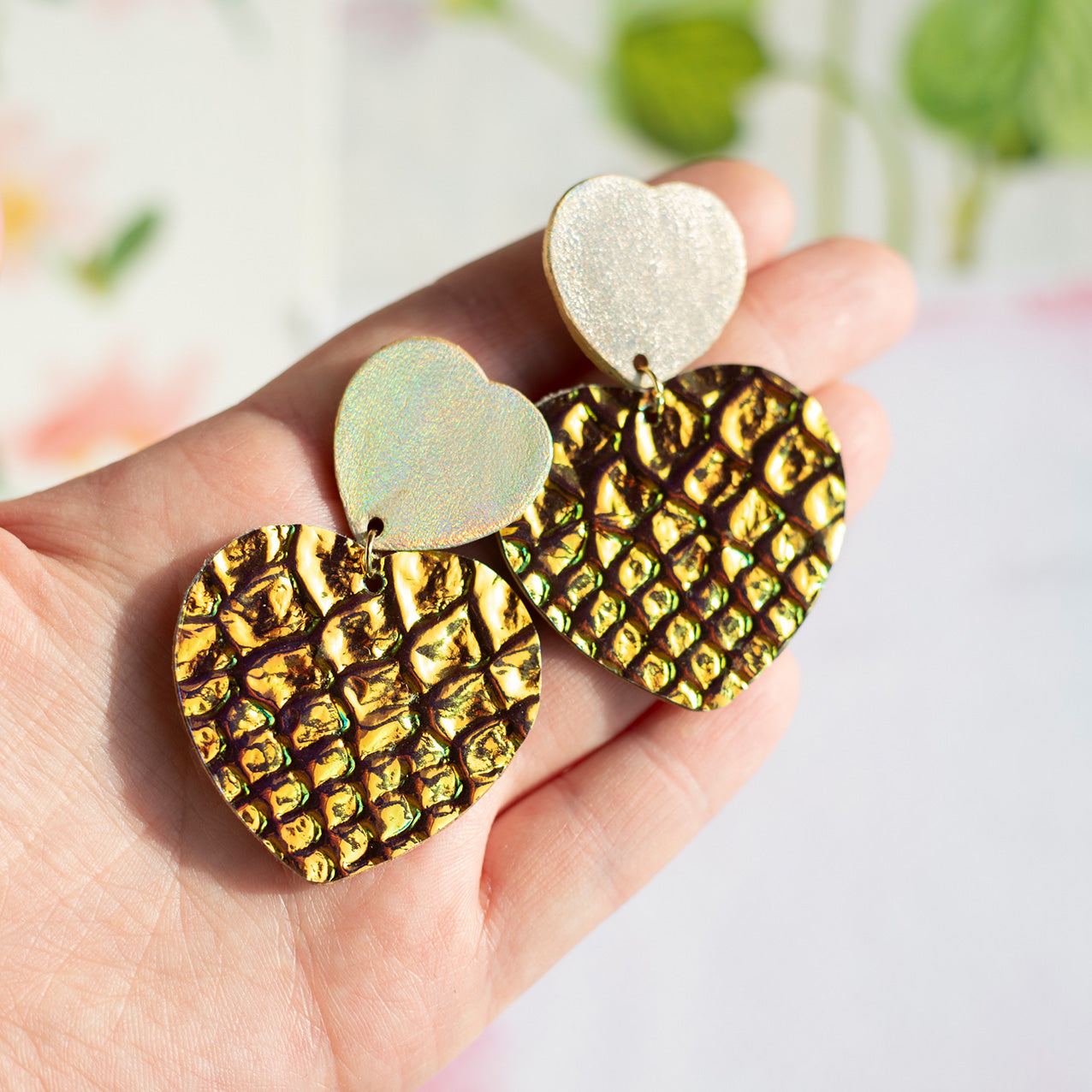 Double Hearts clip-on earrings - holographic and iridescent leather