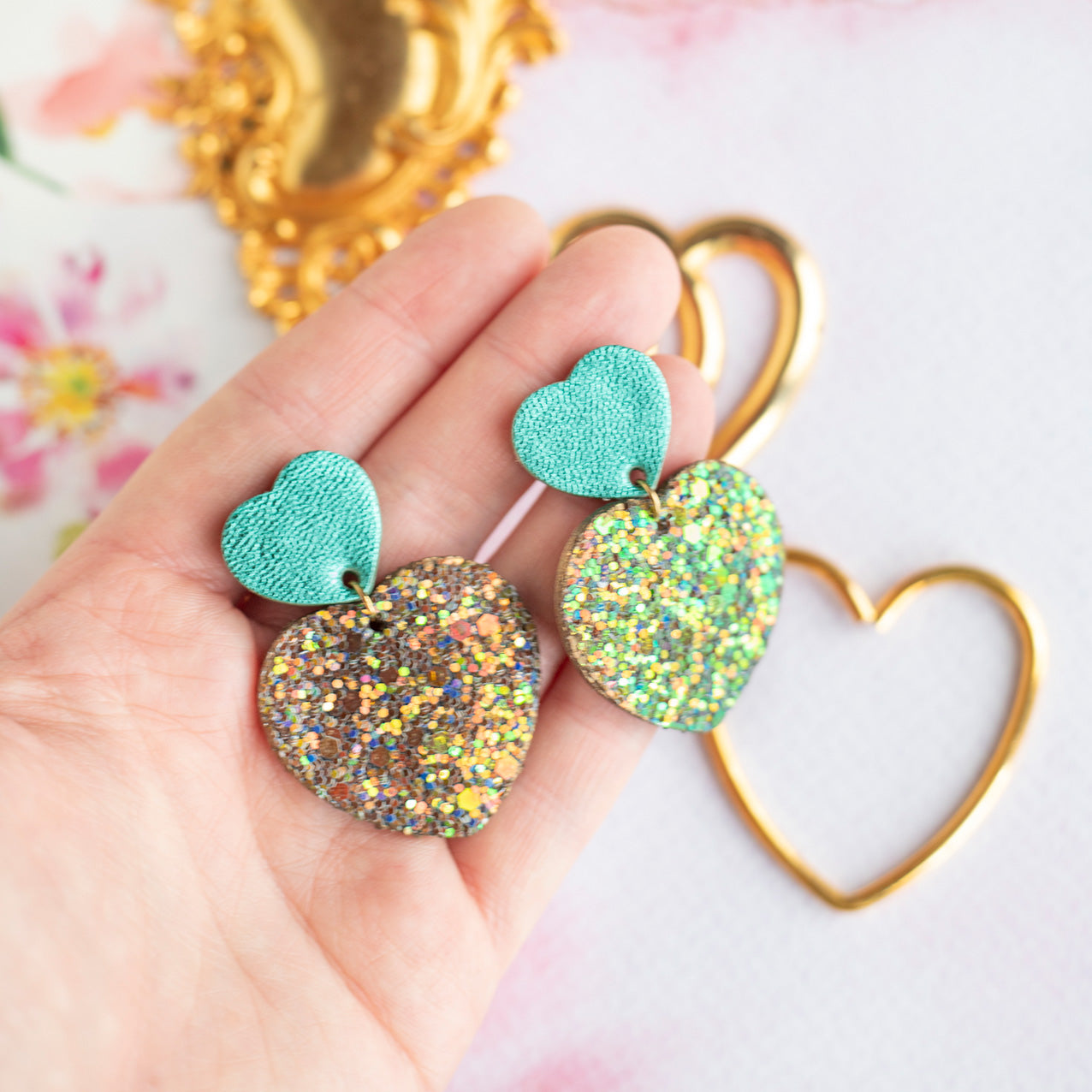 Heart earrings - metallic turquoise leather and iridescent sequins