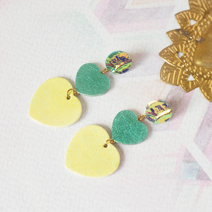 Boucles d'oreilles double Coeurs turquoise métallisé et jaune brillant