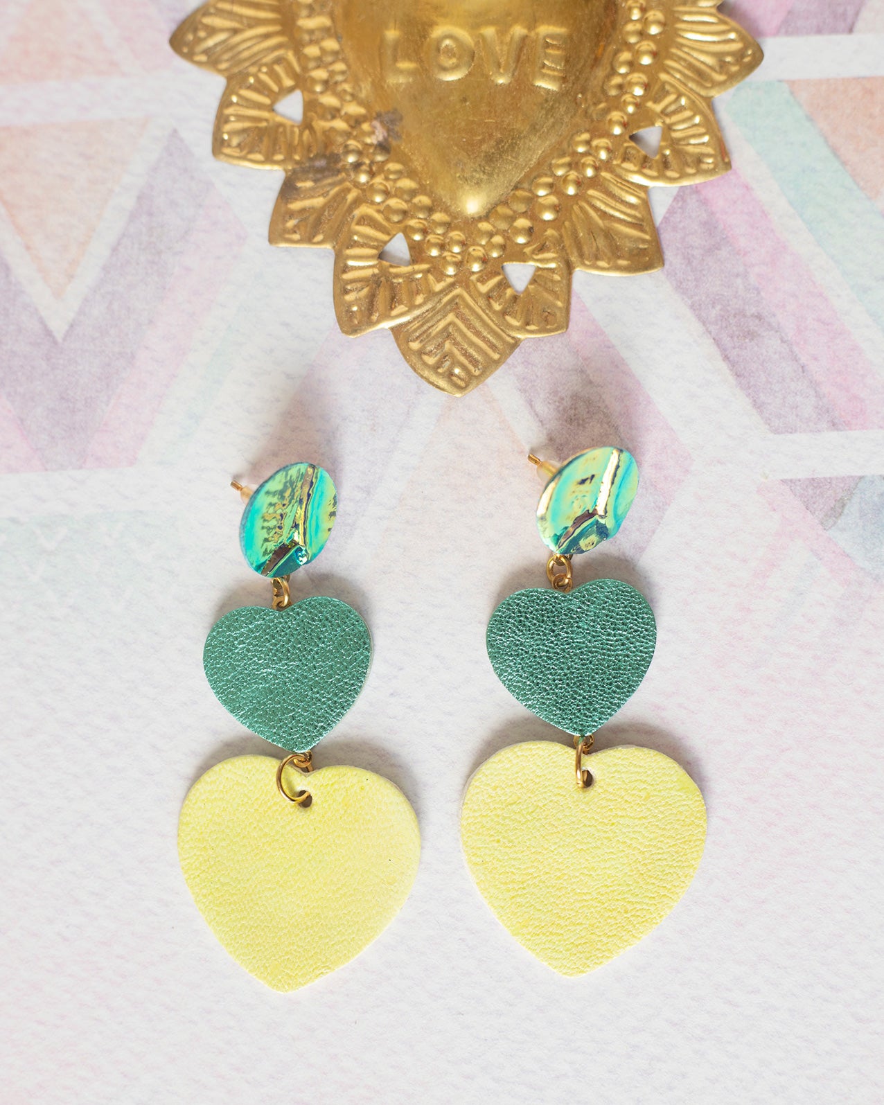 Metallic turquoise and shiny yellow double heart earrings