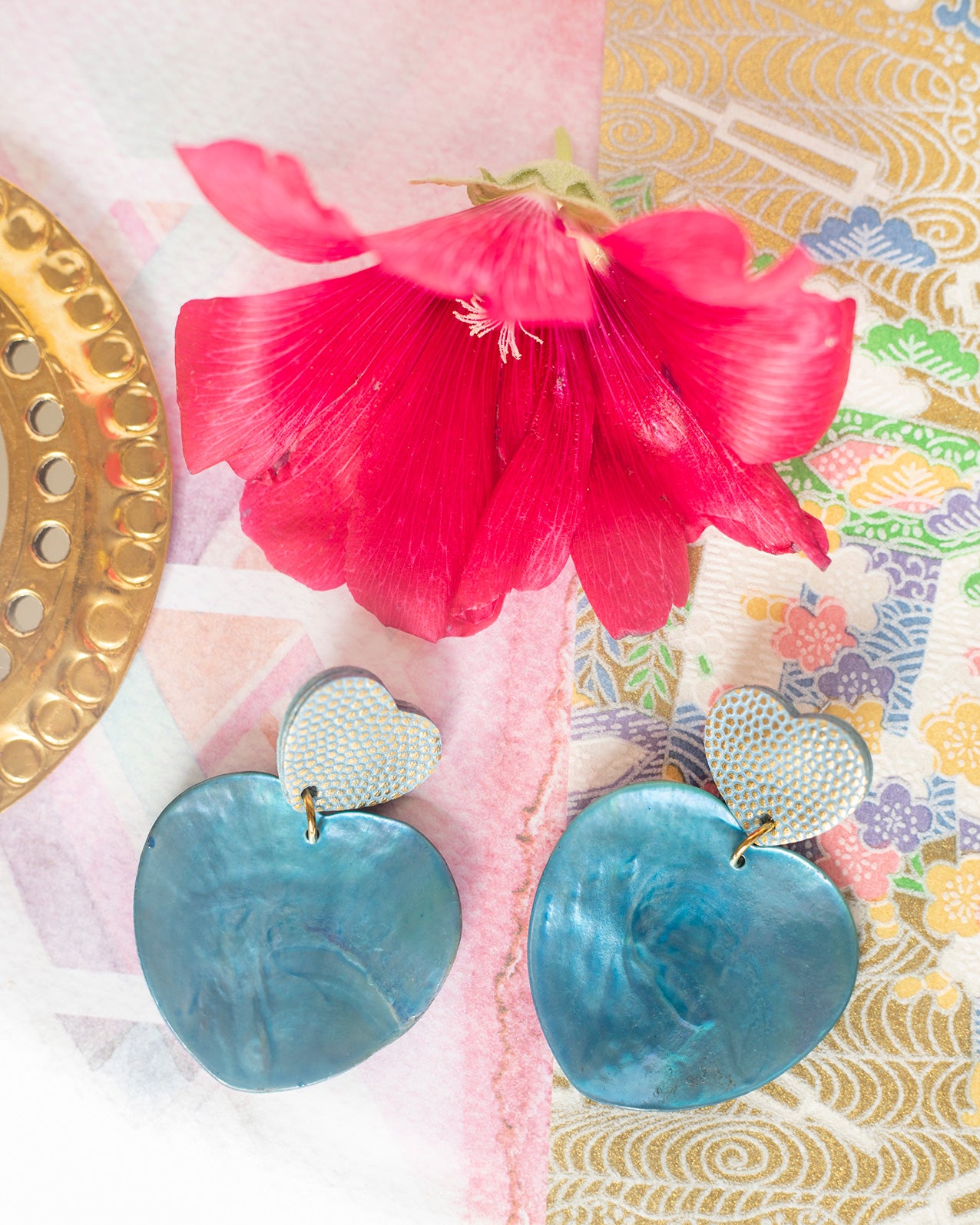 Double Hearts earrings in blue leather with gold polka dots and blue mother-of-pearl hearts