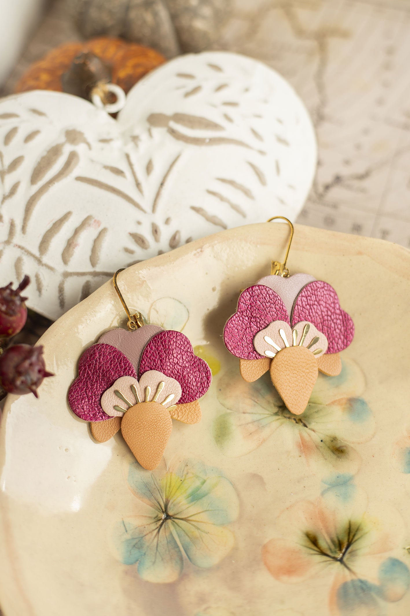 Boucles d'oreilles Orchidées - jaune aurore, rose clair, framboise