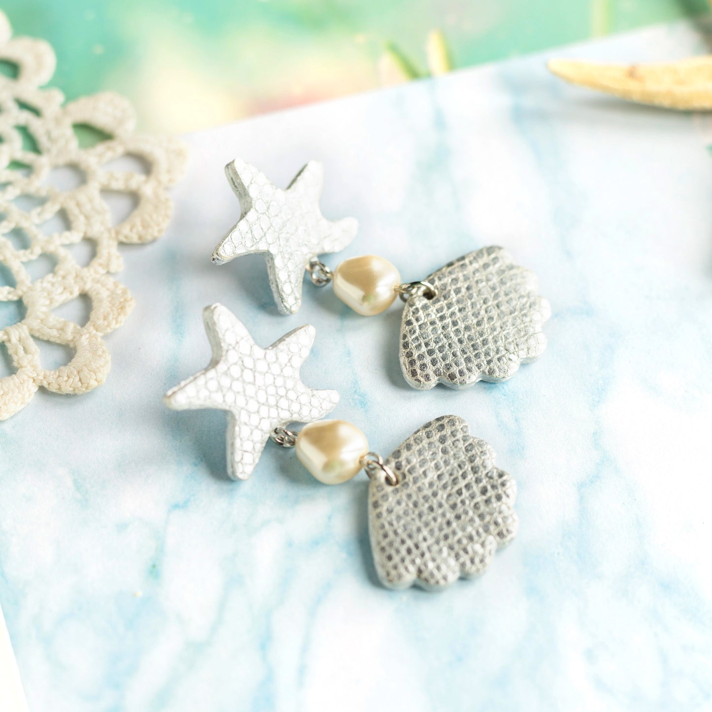 Boucles d'oreilles Poséidon - cuir écailles d'argent