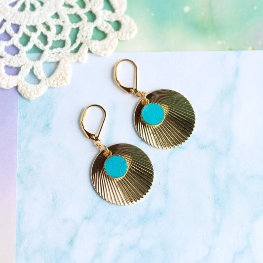 Boucles d'oreilles Atoll - cuir bleu piscine et acier doré