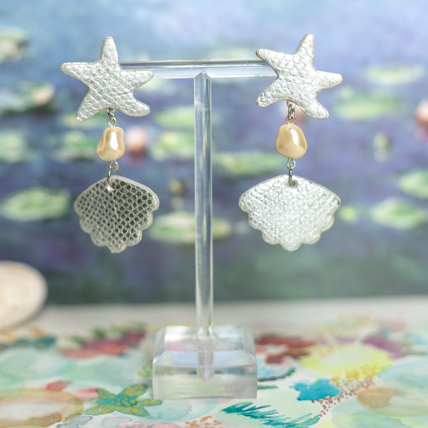 Boucles d'oreilles Poséidon - cuir écailles d'argent