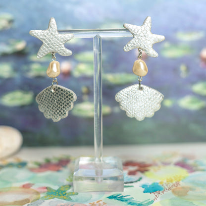 Boucles d'oreilles Poséidon - cuir écailles d'argent