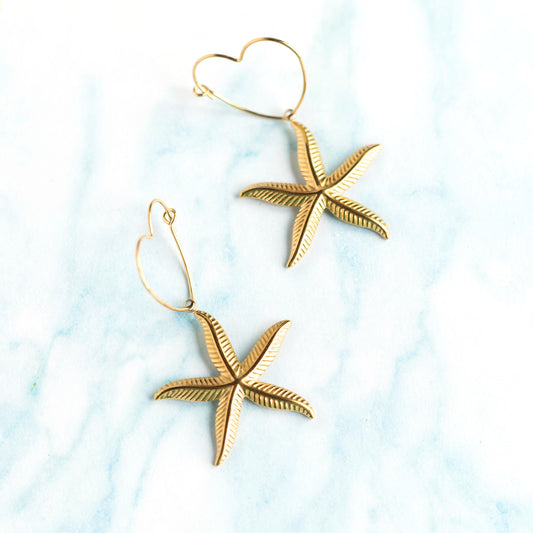Boucles créoles étoiles de mer acier doré