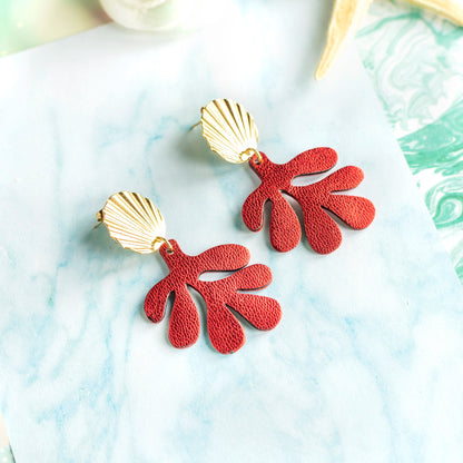 Boucles d'oreilles Corail - cuir rouge métallisé
